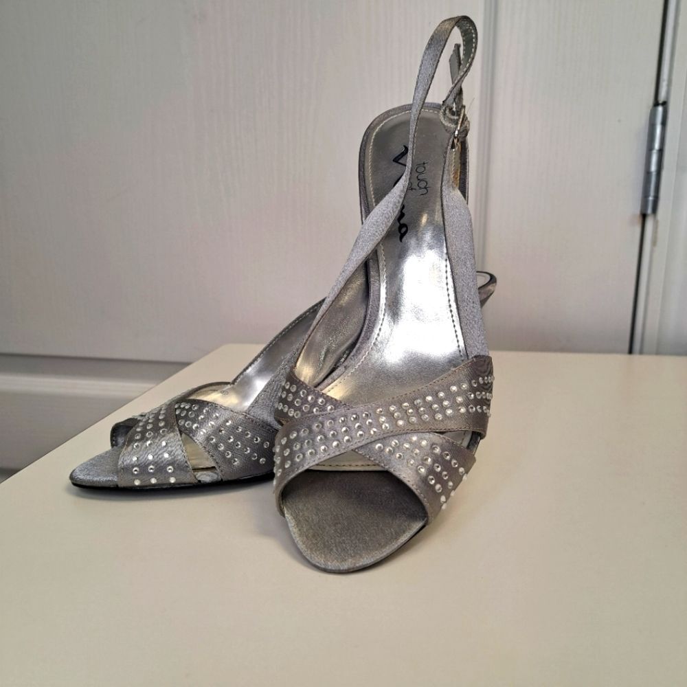 Nina Silver Gray Sparkle Peep Toe heels Sling Back
